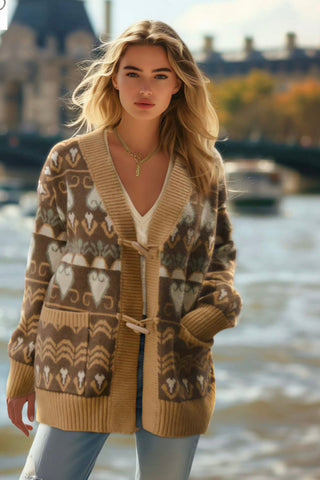 Kurt Muller Camel Pattern Wool Blend Cardigan With Toggle Fastenings