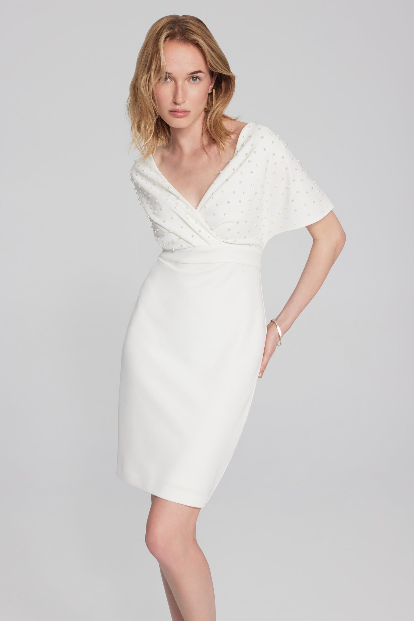 241761 Scuba Crepe Wrap Dress with Pearl Detail S/S 2024