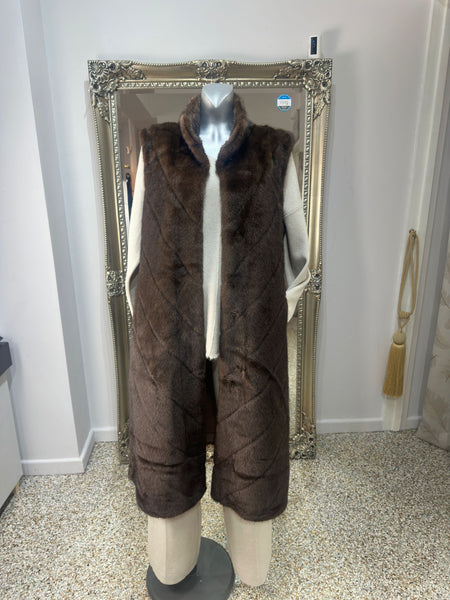 Malissa J Mocha Chevron  Faux Fur Long Gilet One Size